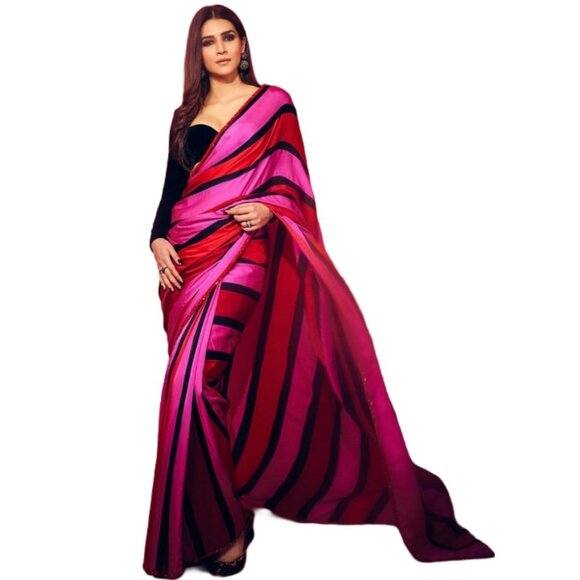 Alia bhatt wear Saree Striped Pink & Red Designer Saree - Picture 1 of 1